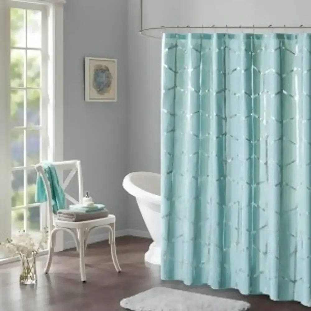 Intelligent Design Arielle Aqua Metallic Geometric Microfiber Shower Curtain